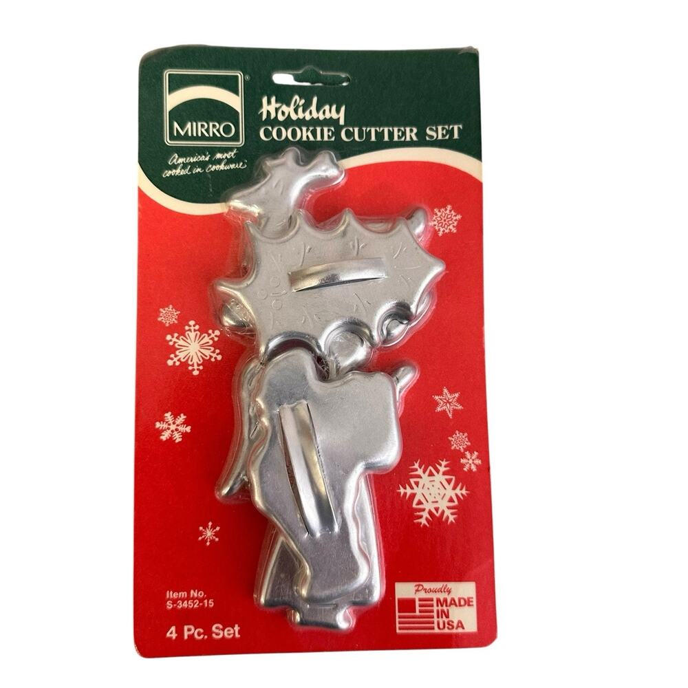 Vintage Mirro Holiday Cookie Cutter Set Aluminum Holly Leaf Santa Angel Reindeer